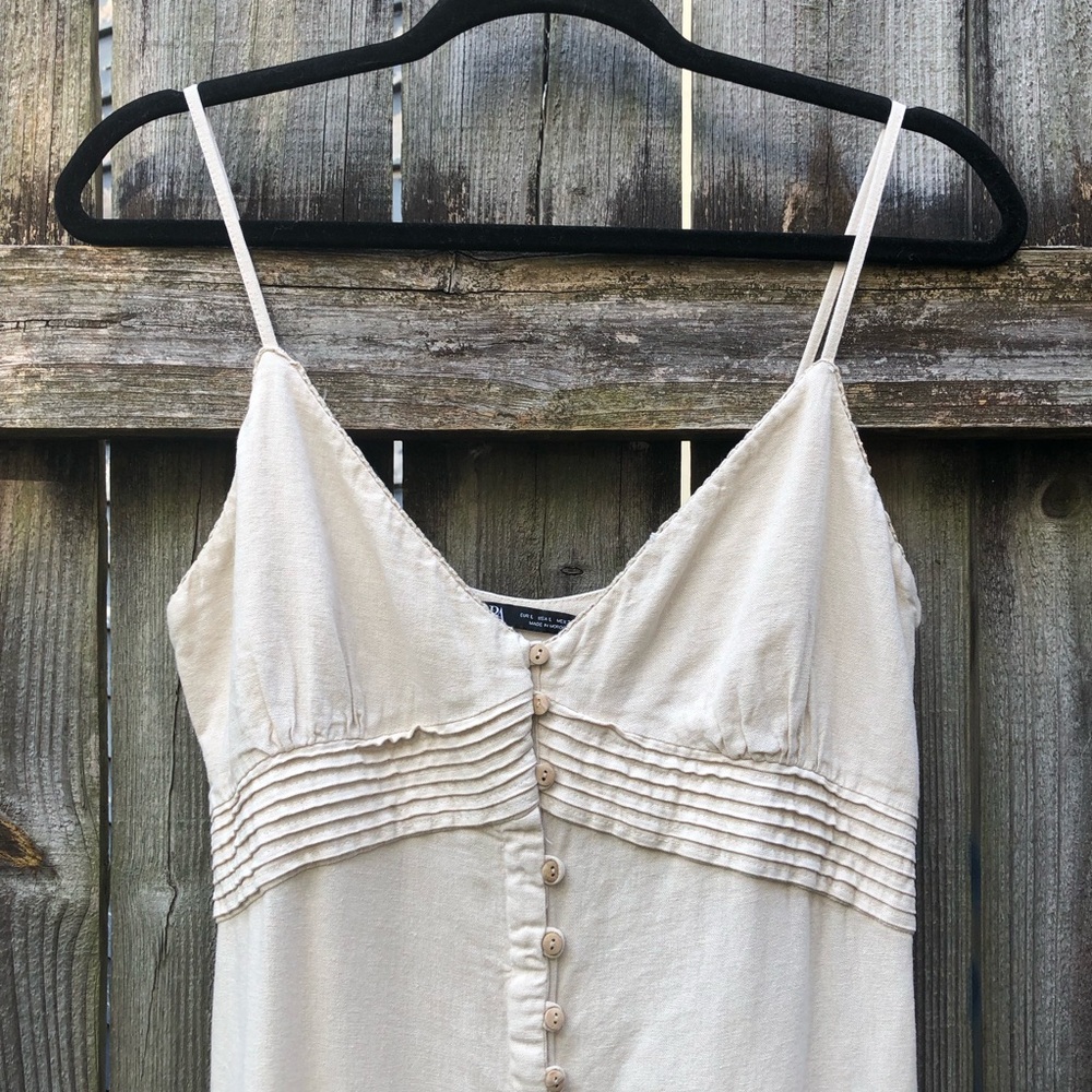 Zara Linen Blend Pintuck Button Front Maxi Dress Size L Raw Linen Oatmeal - Picture 2 of 15
